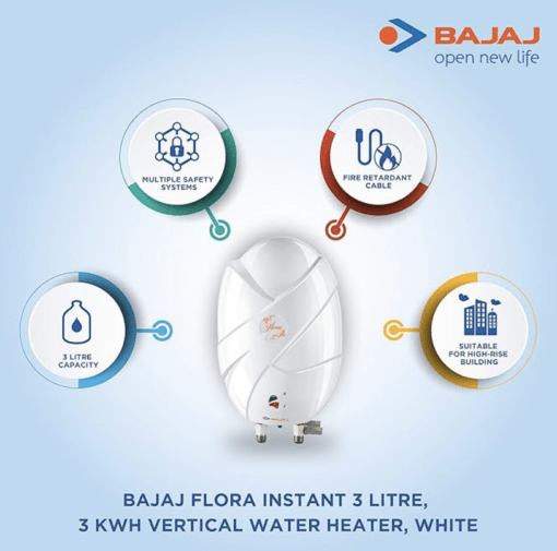 Bajaj Flora Instant 3 Litre Vertical Water Heater, 3KW, White wall mounting - Image 2
